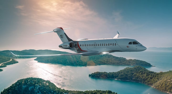 Business jet flying above islands