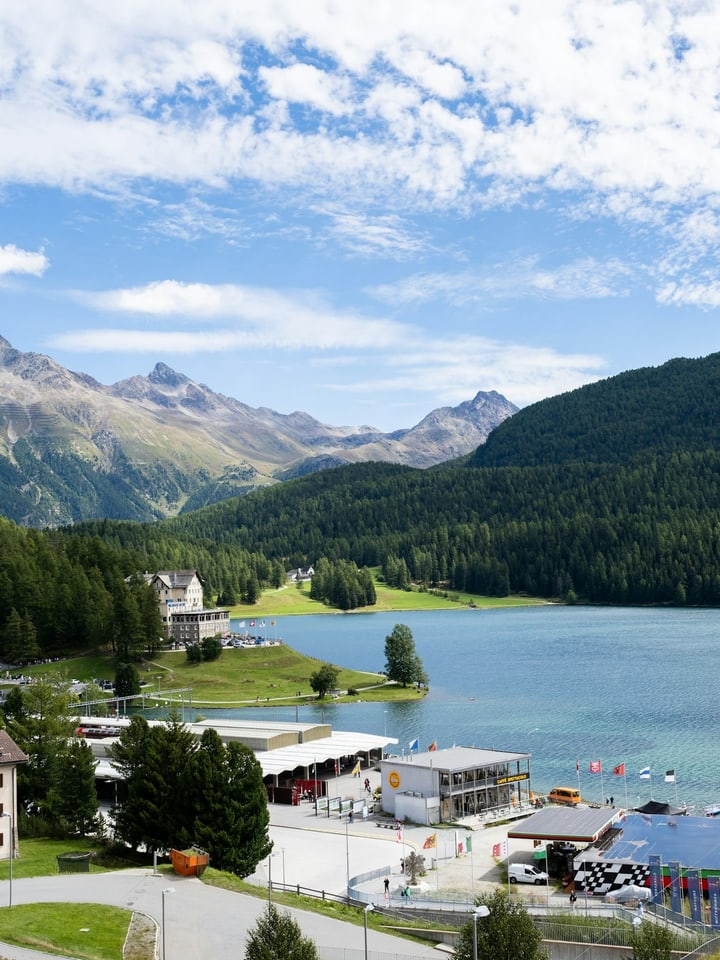 Lake St. Moritz, village and Engadin mountains